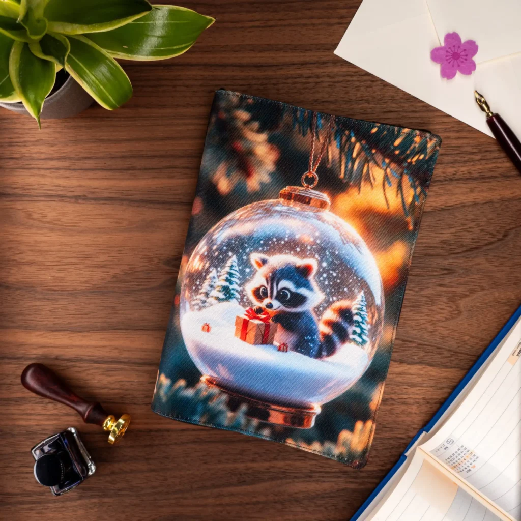 Snow Globe Raccoon | Fabric Book Cover
